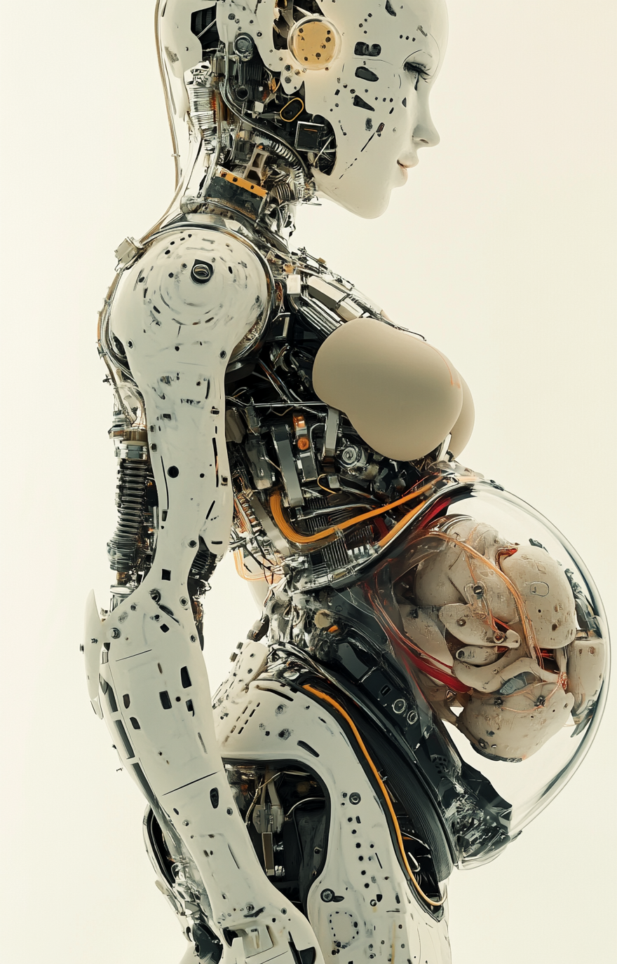 A beautiful pregnant robot woman with intricate details