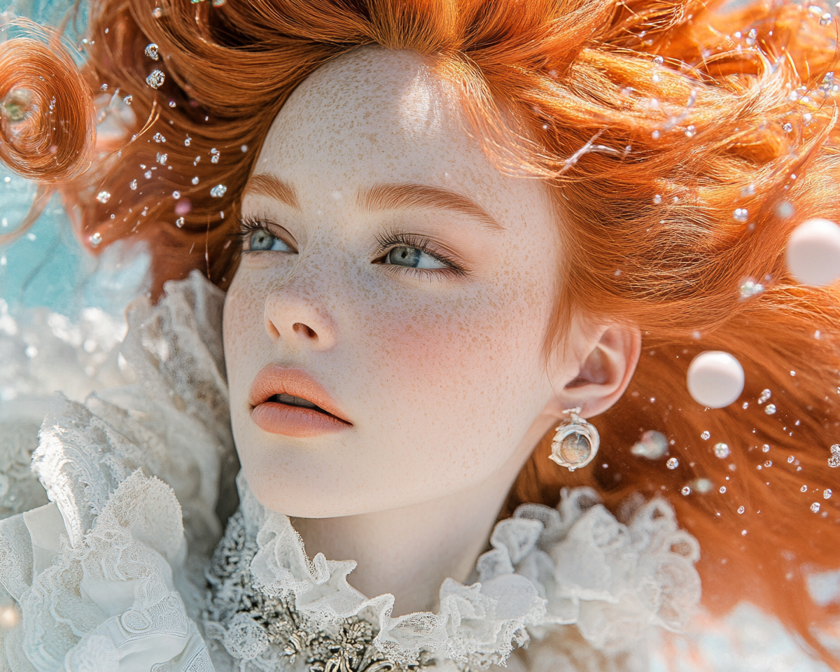 A beautiful red-haired woman holding a white horse