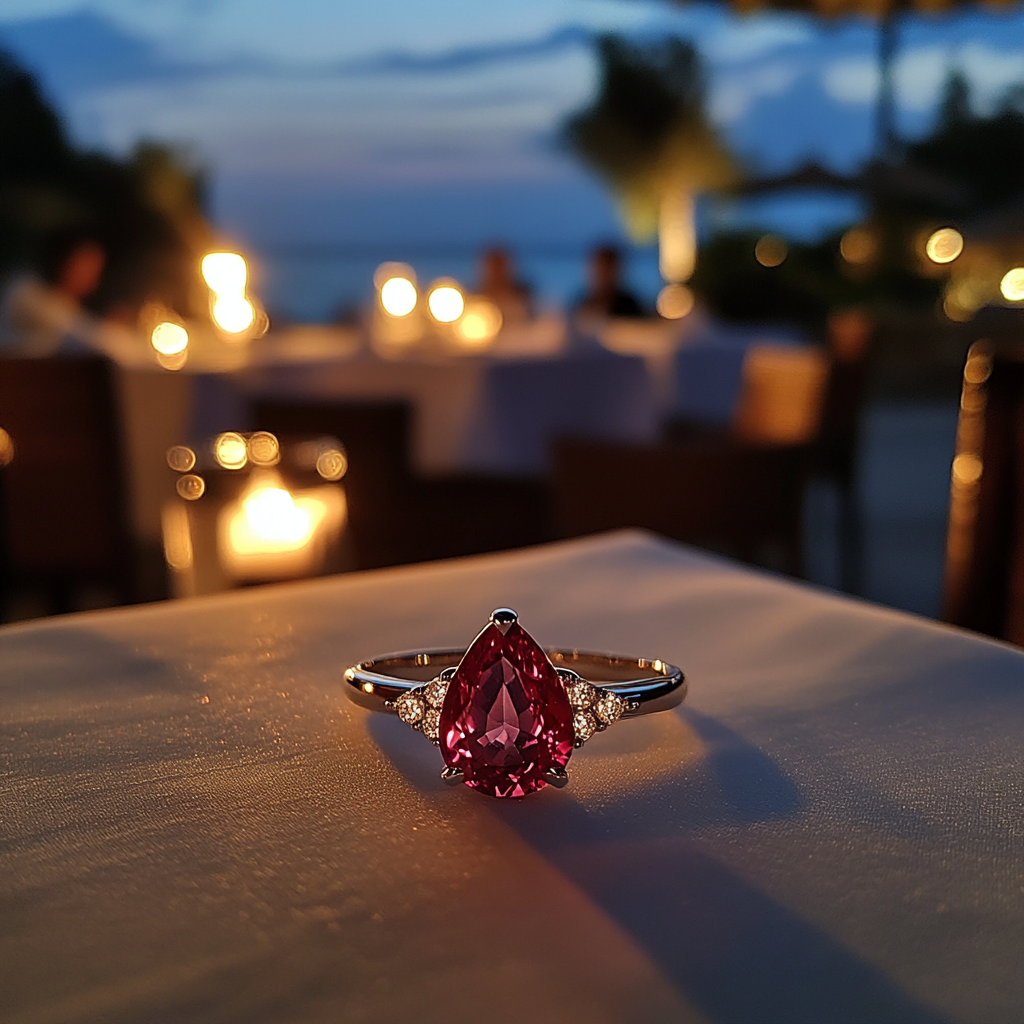 A beautiful ruby engagement ring in romantic setting