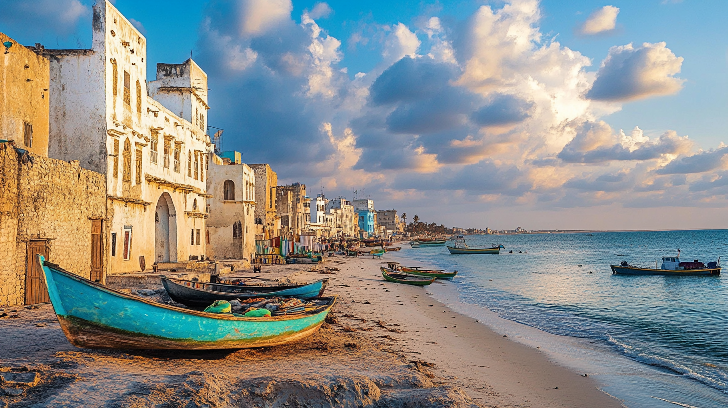 A beautiful seaside scene in Somalia with bustling markets