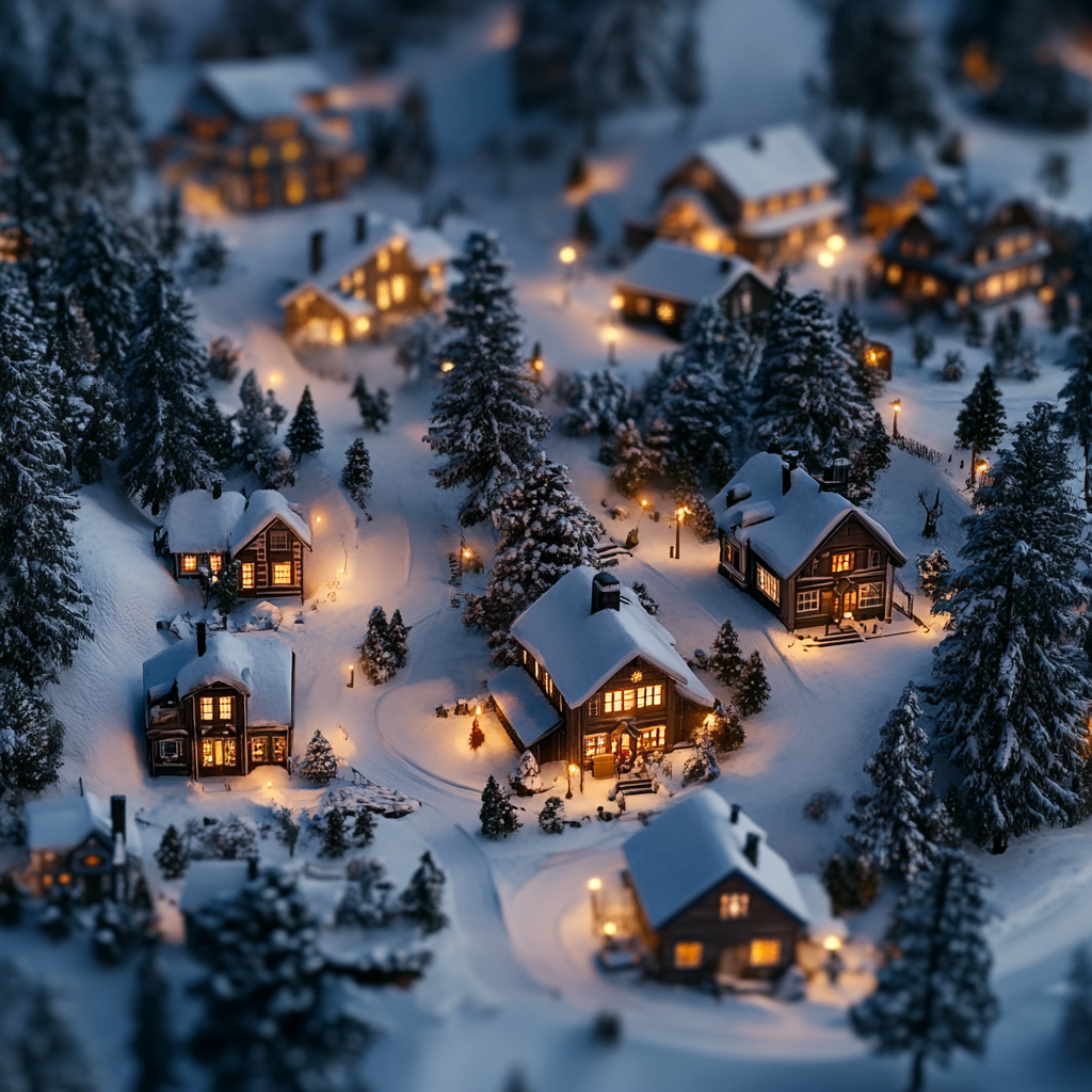 A beautiful snowy Christmas village at dusk