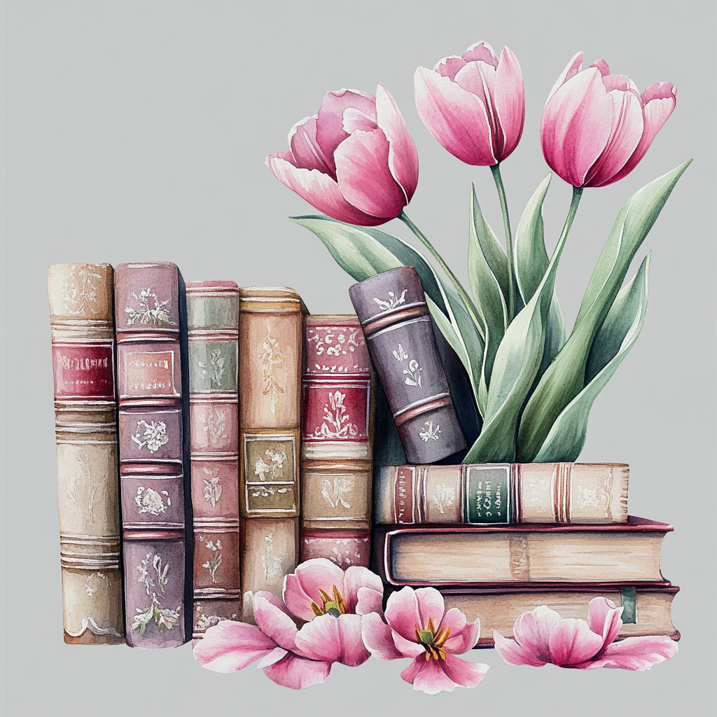 A beautiful stack of books with tulip petals