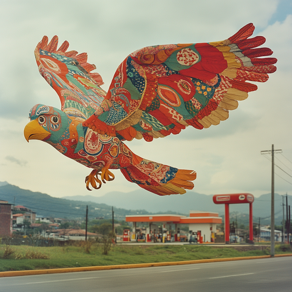 A beautiful sumpango barrilete flying over a gas station