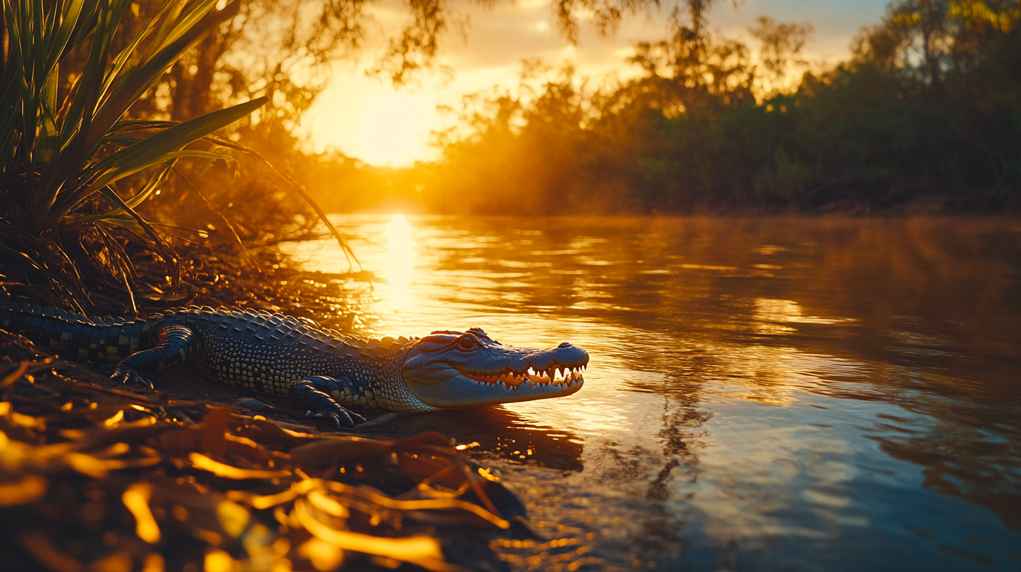 A beautiful sunrise in Kakadu presents small crocodile