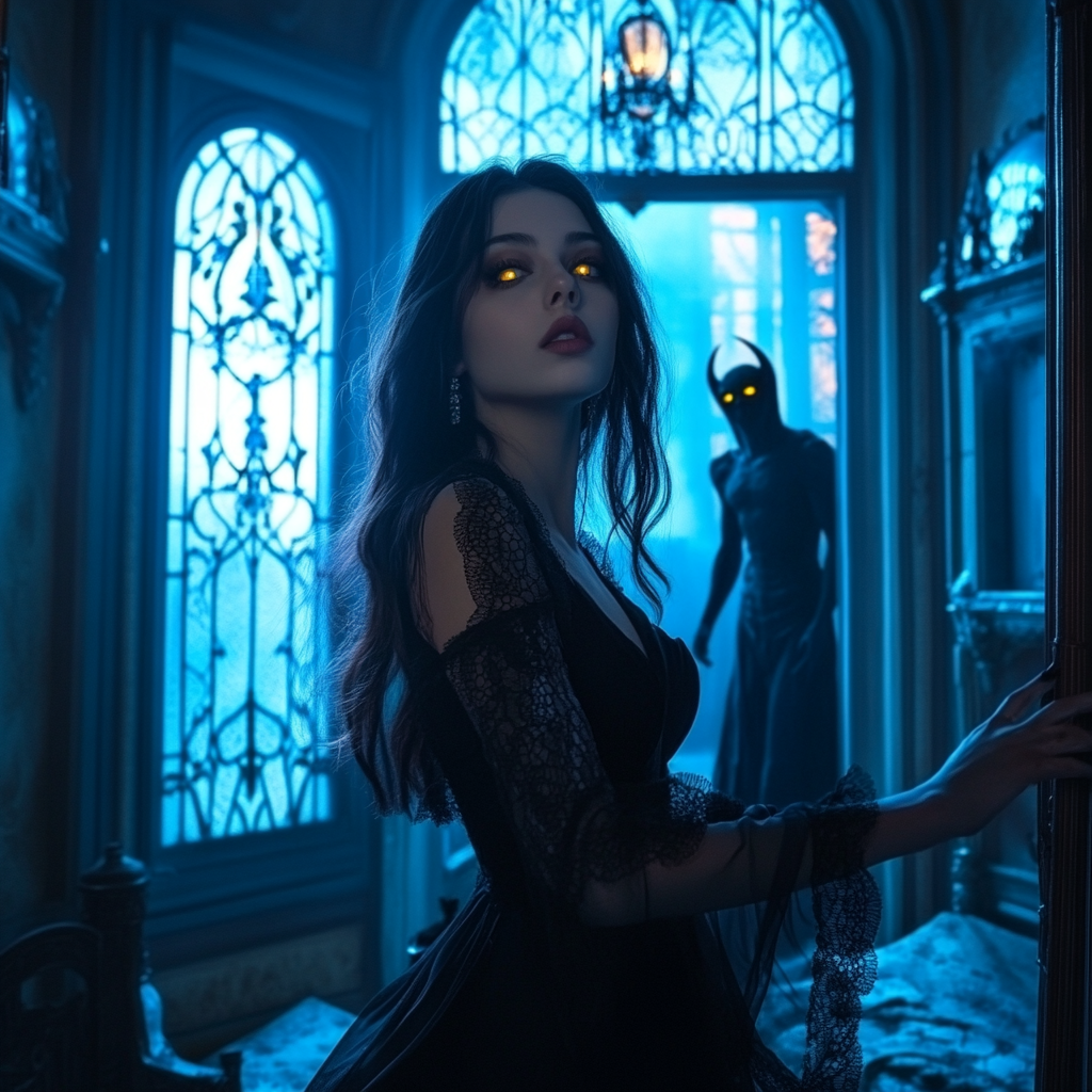 A beautiful vampire in a Victorian bedroom.