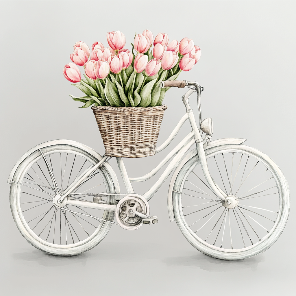 A beautiful vintage bicycle with pink tulips illustration