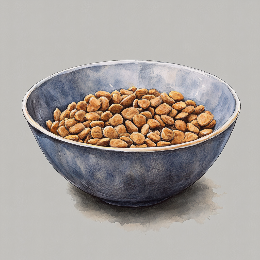 A beautiful watercolor illustration of a full cat bowl