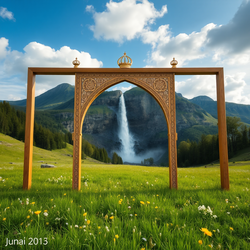 A beautiful waterfall over Islamic photo frame.