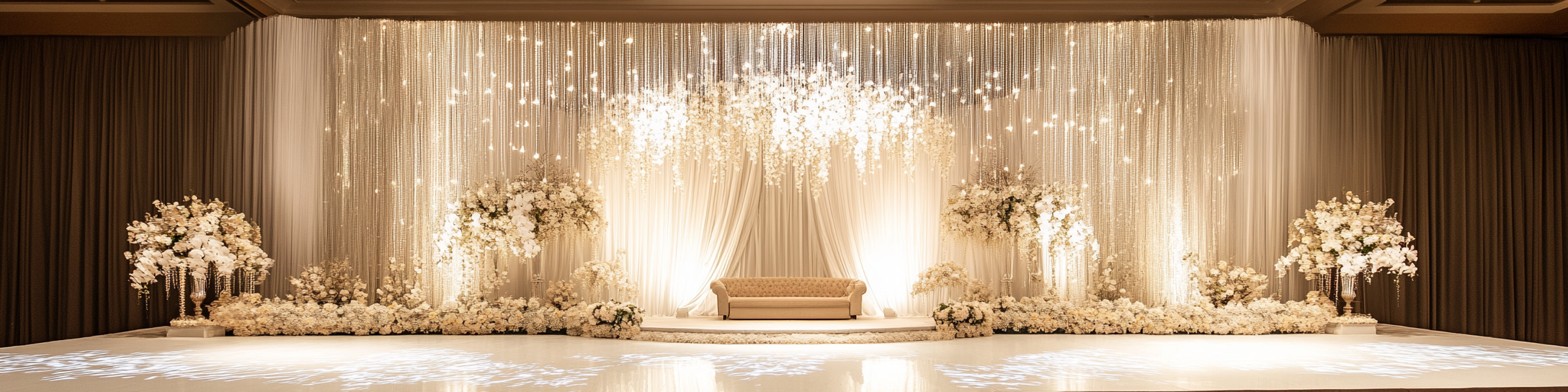 A beautiful wedding stage with flowers and curtains.