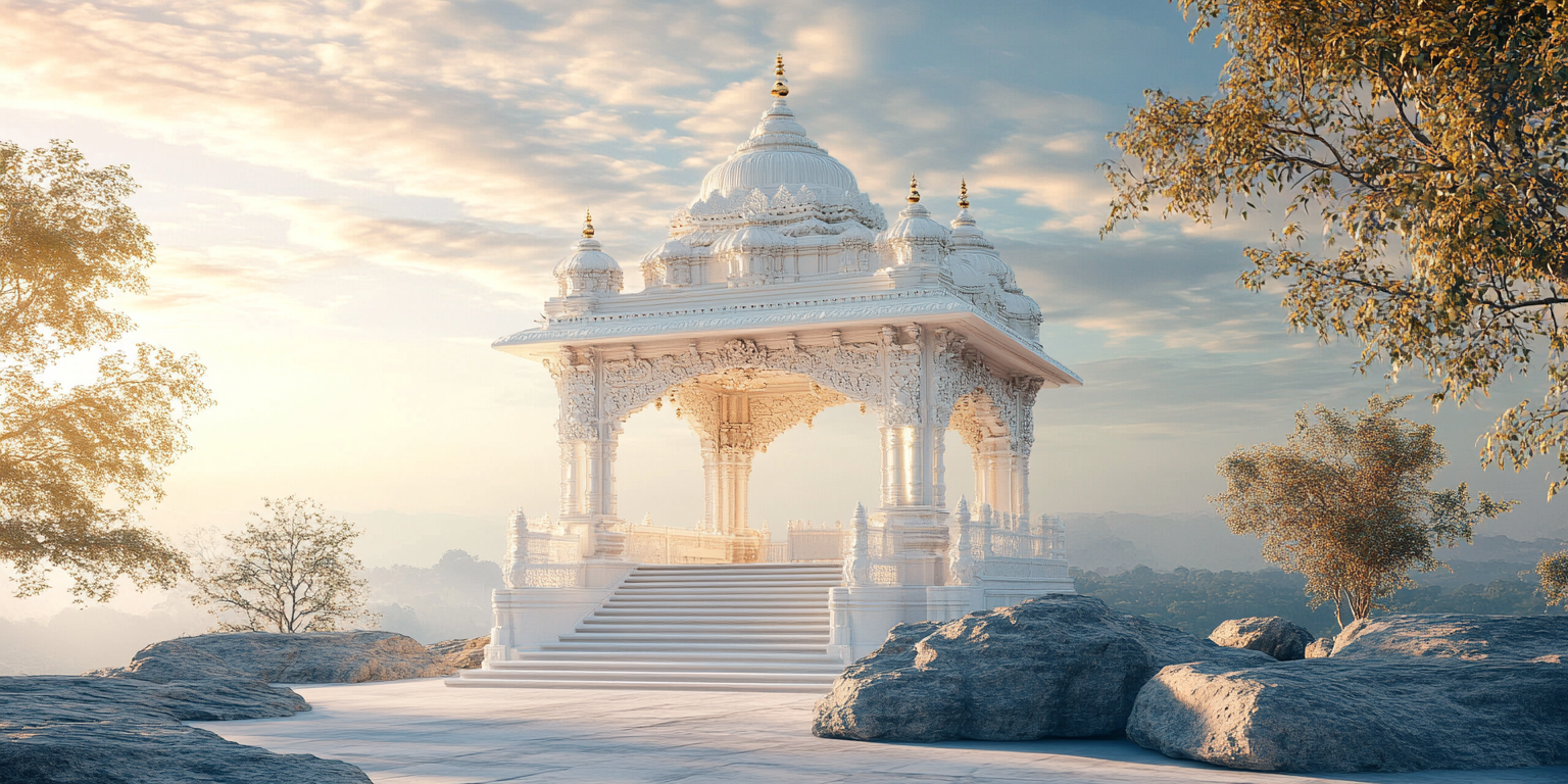 A beautiful white Indian temple under open sky.