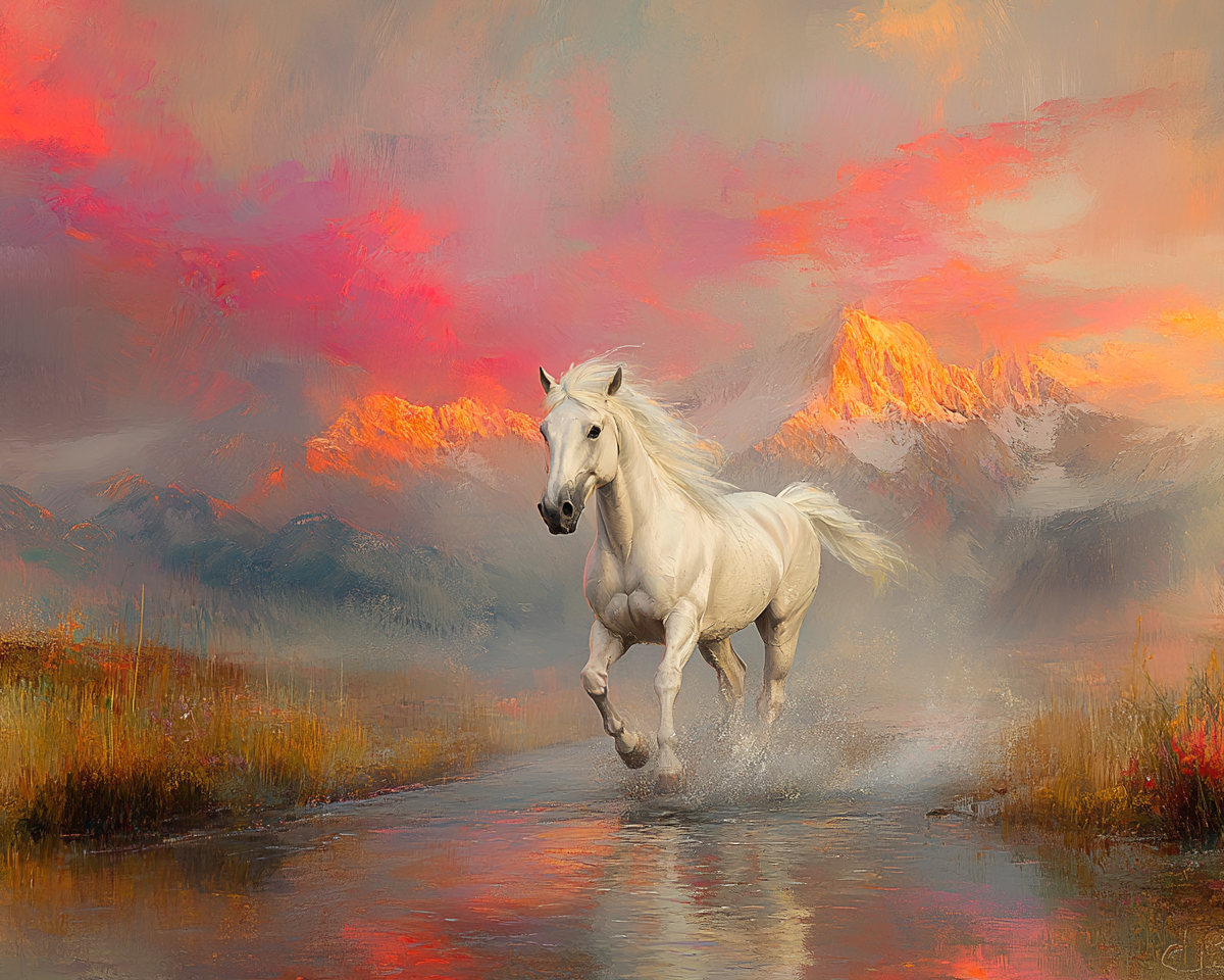 A beautiful white horse running towards you