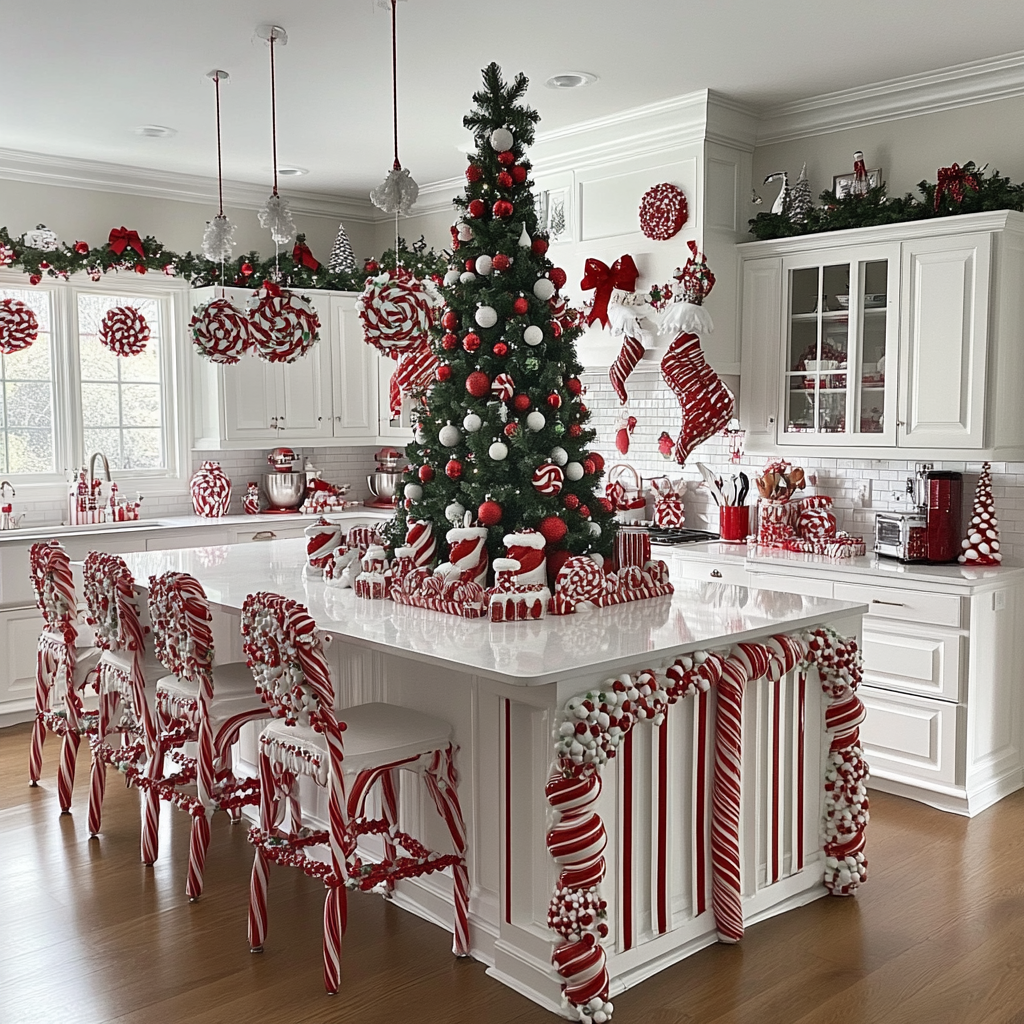 A beautiful white kitchen decorated for Christmas.