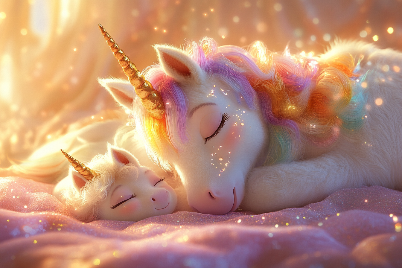 A beautiful white unicorn and baby sleeping