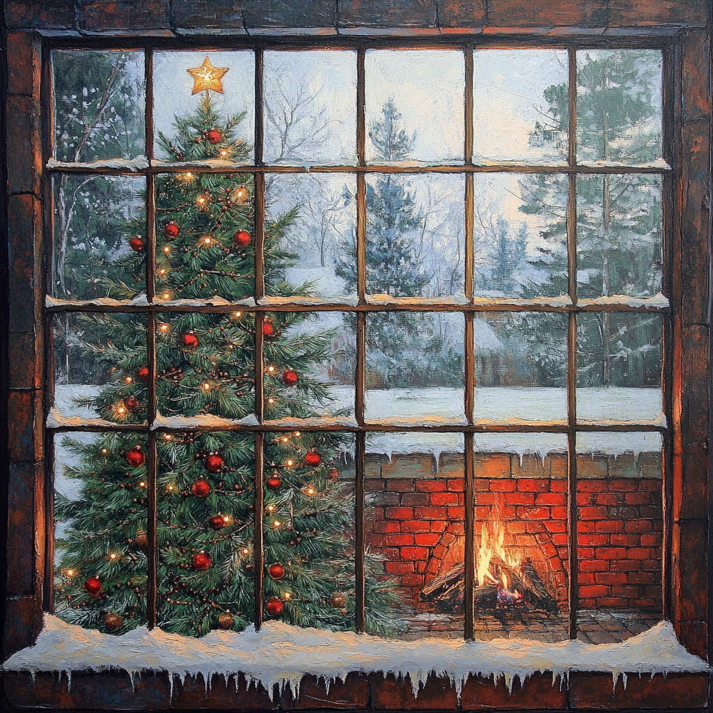 A beautiful winter scene with a cozy fireplace