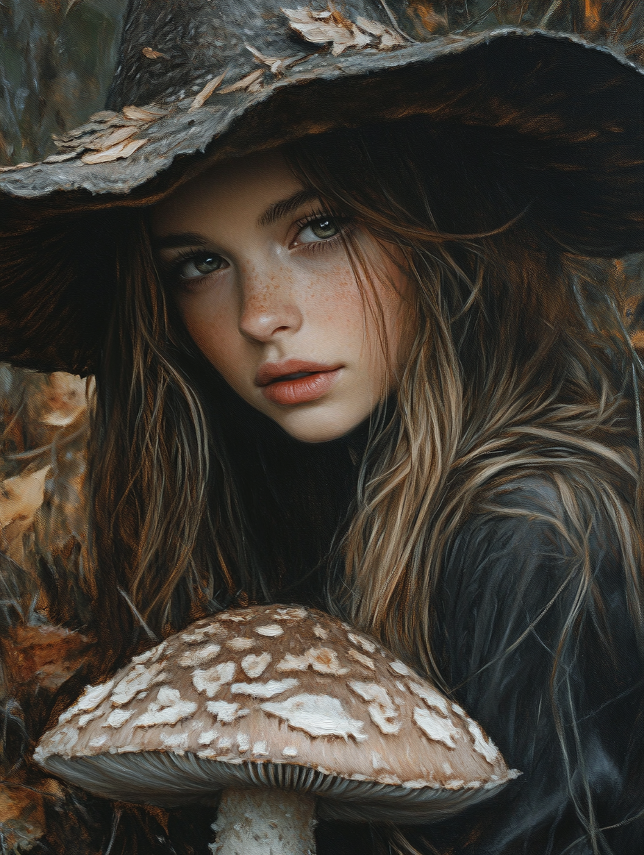 A beautiful witch with a toadstool in the forest