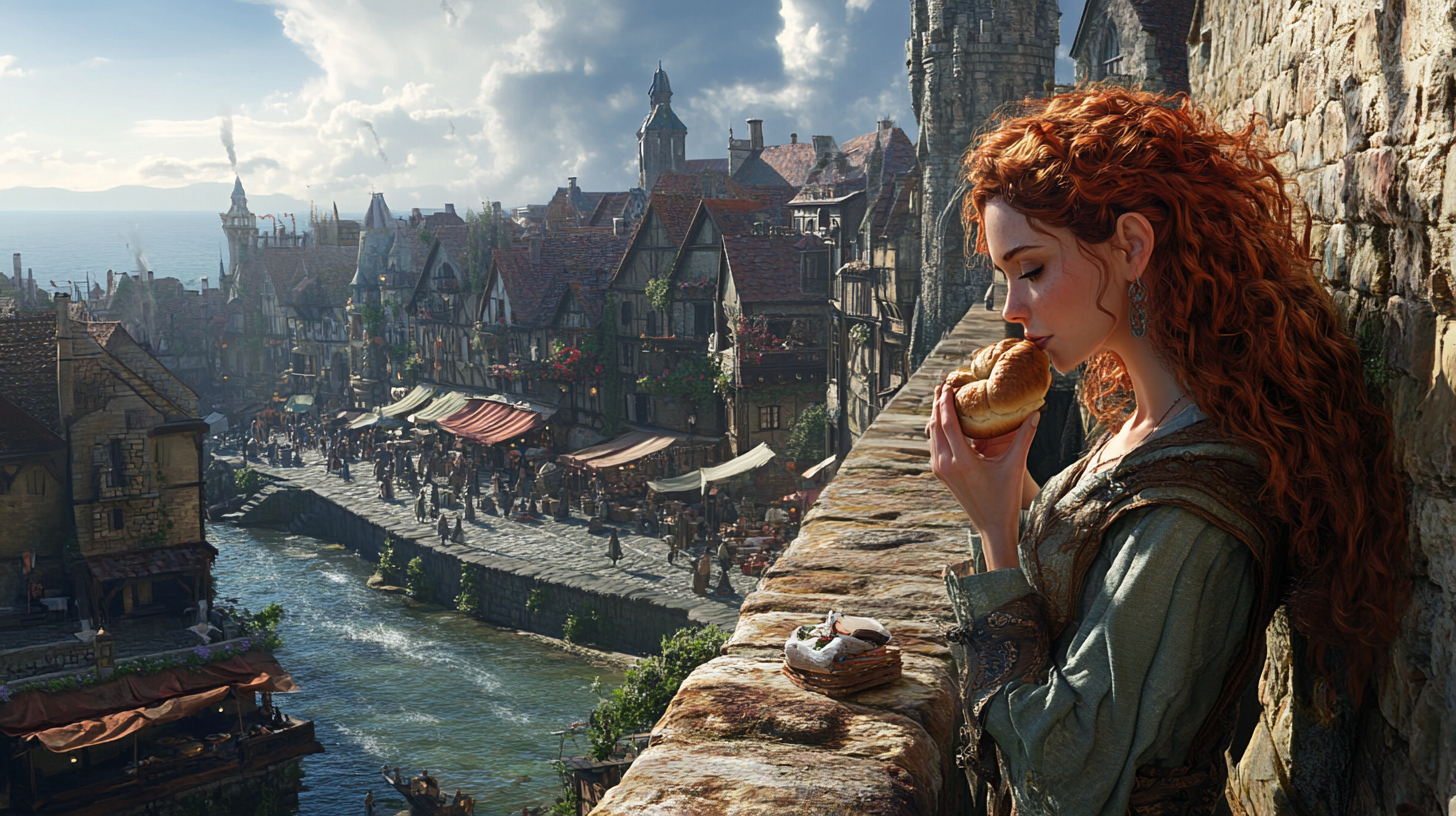 A beautiful woman eats bun in fantasy town.