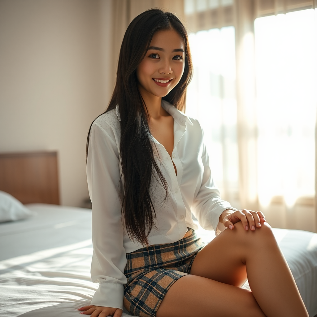 A beautiful woman sitting on her bed smiling.