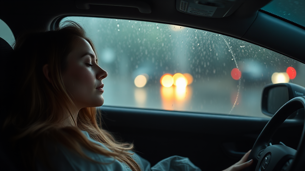 A beautiful woman sleeping in car as rain falls.