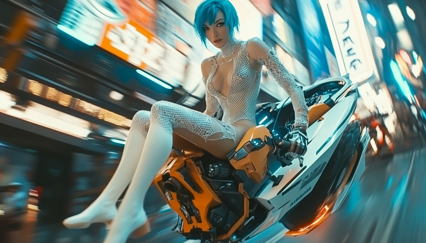 A beautiful woman with blue hair rides futuristic bike