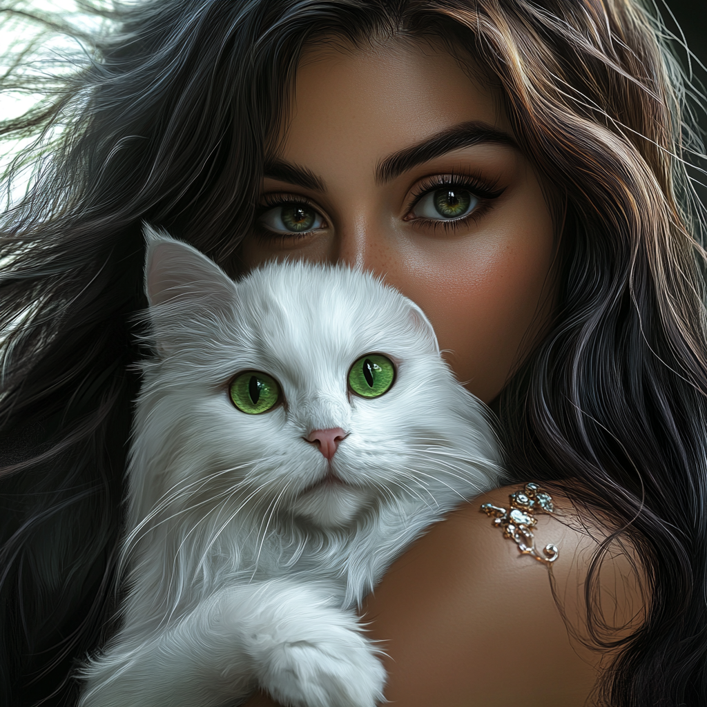 A beautiful woman with her white cat