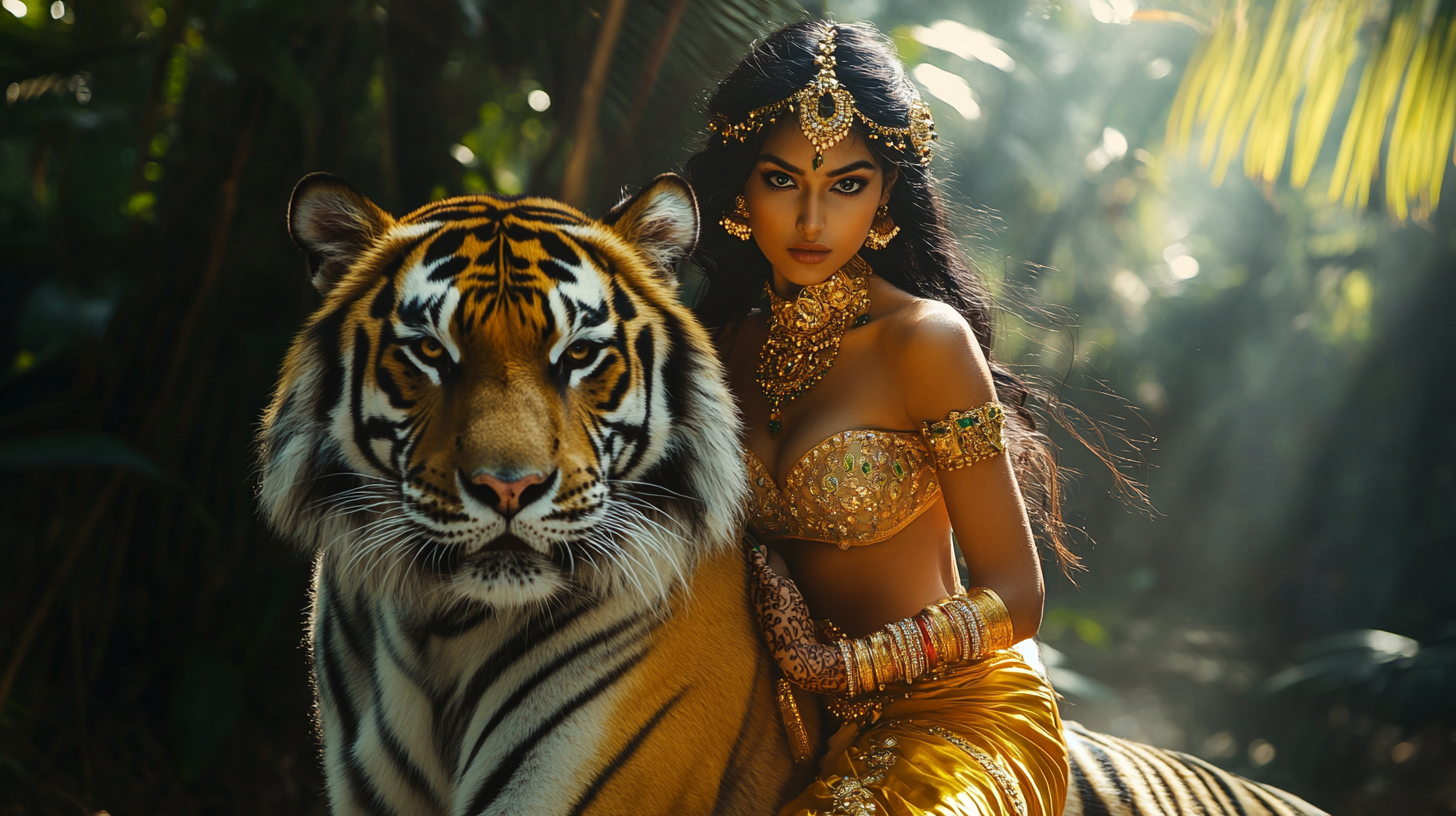 A beautiful young woman rides tiger through jungle