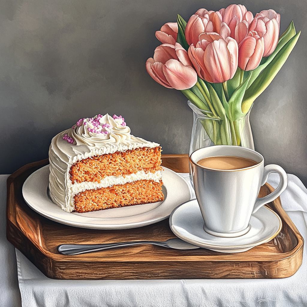 A beautifully decorated carrot cake with coffee.