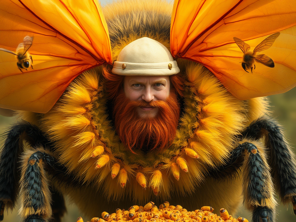 A beekeeper with red hair and beard emerges.