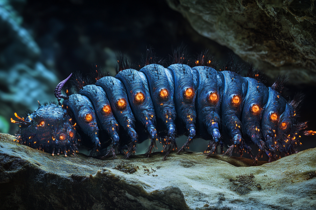 A big blue caterpillar monster on cave roof.