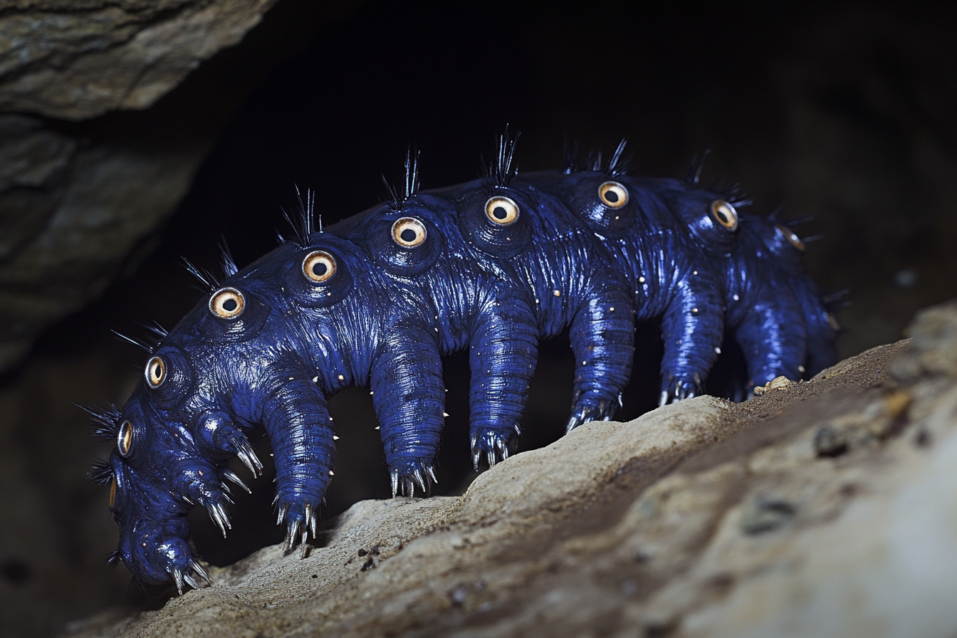 A big blue caterpillar monster with lots of eyes.