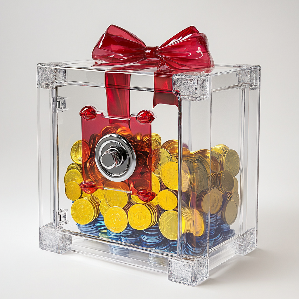 A big clear safe with red bow, coins.