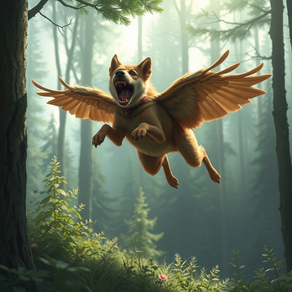 A big flying dog in the forest.