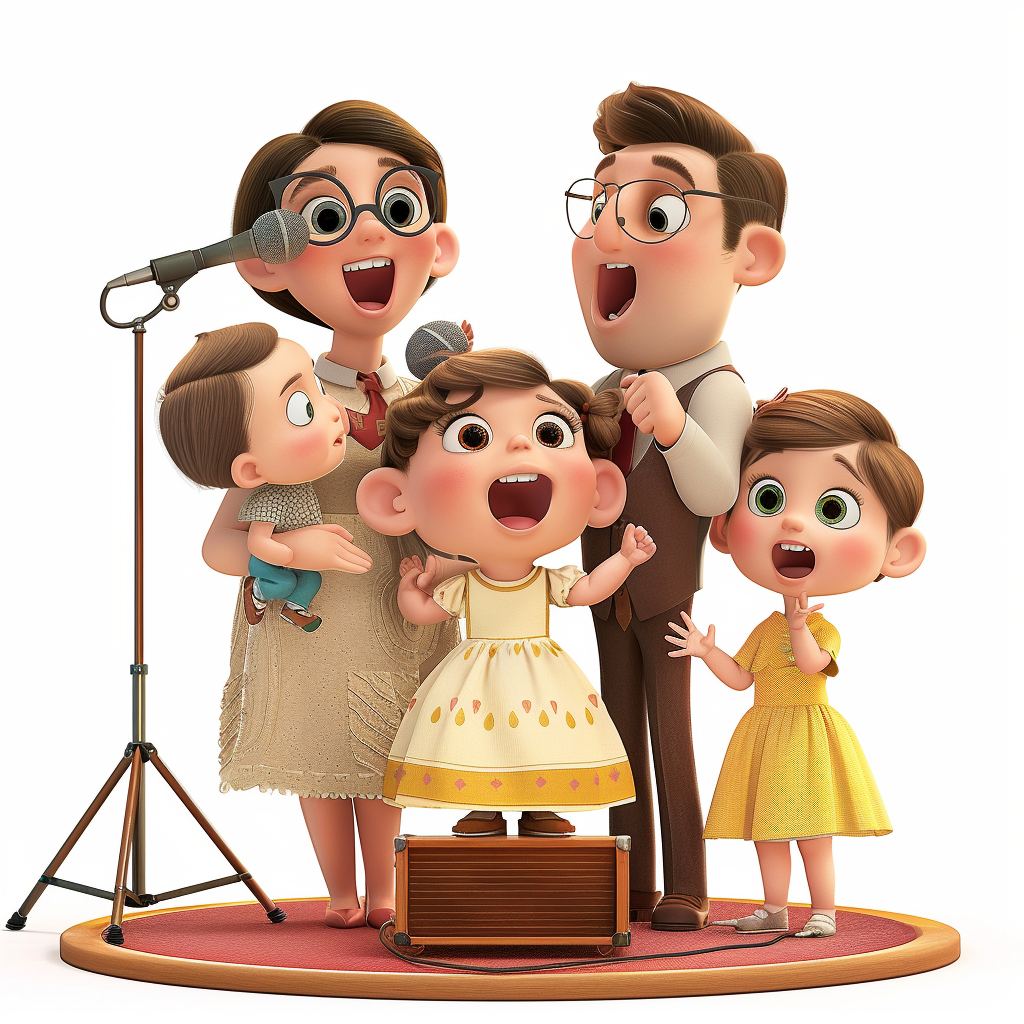 A big happy family singing on stage.