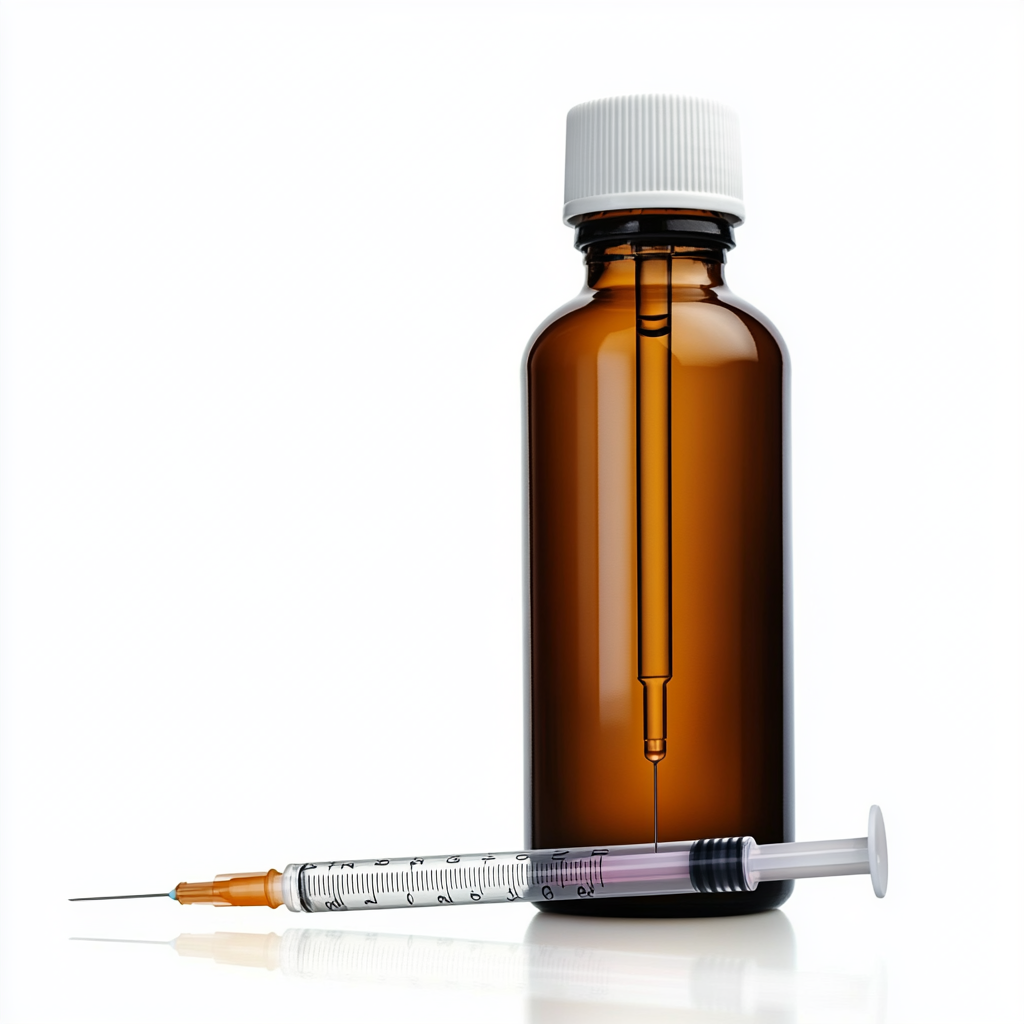 A big medicine bottle with syringe of liquid