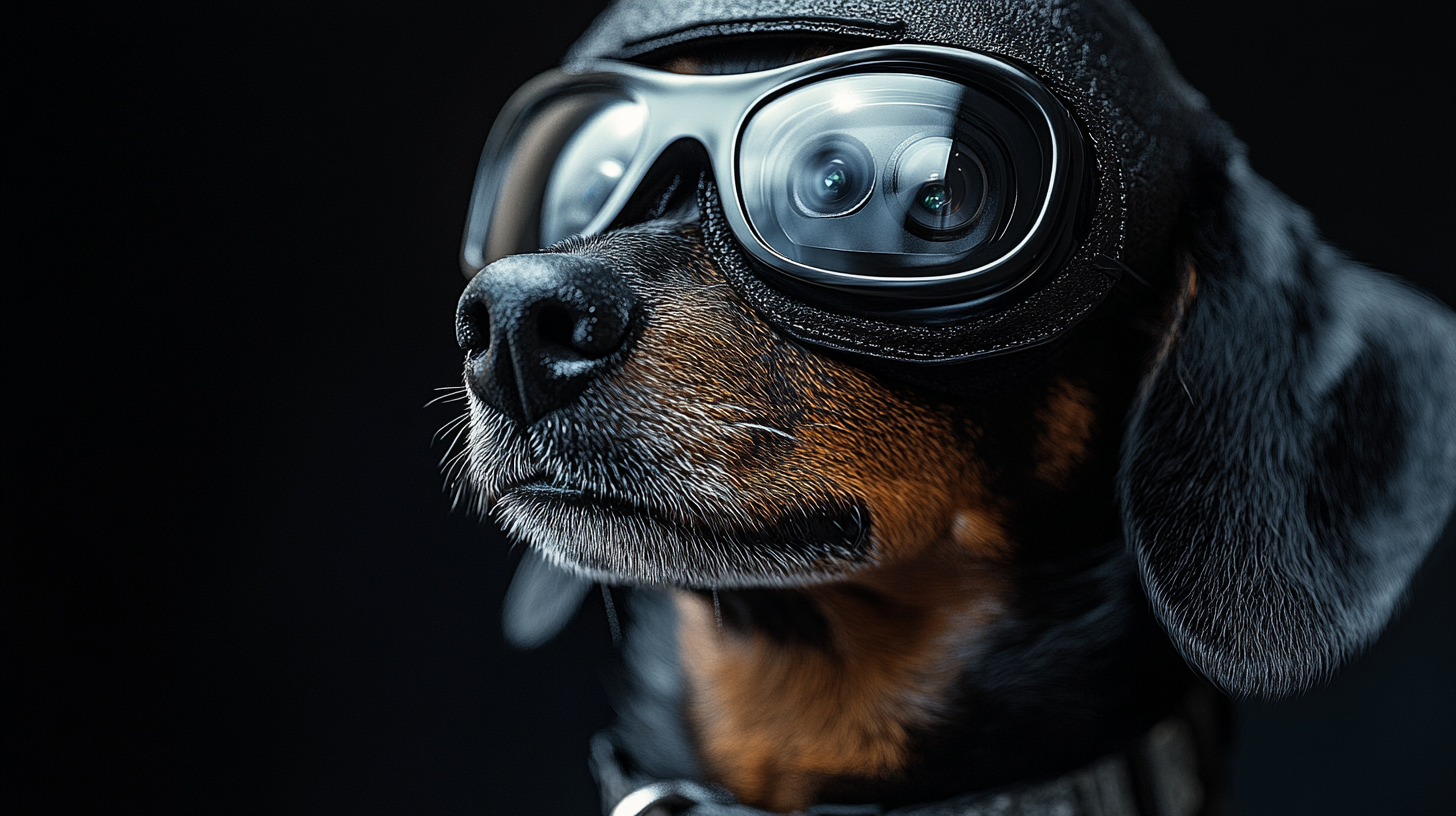 A black and white dachshund wears a ski mask.