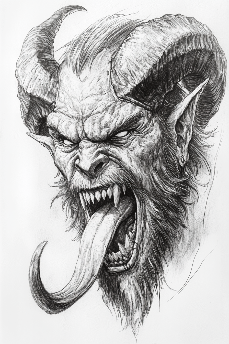 A black-and-white drawing of a Krampus flicking tongue.