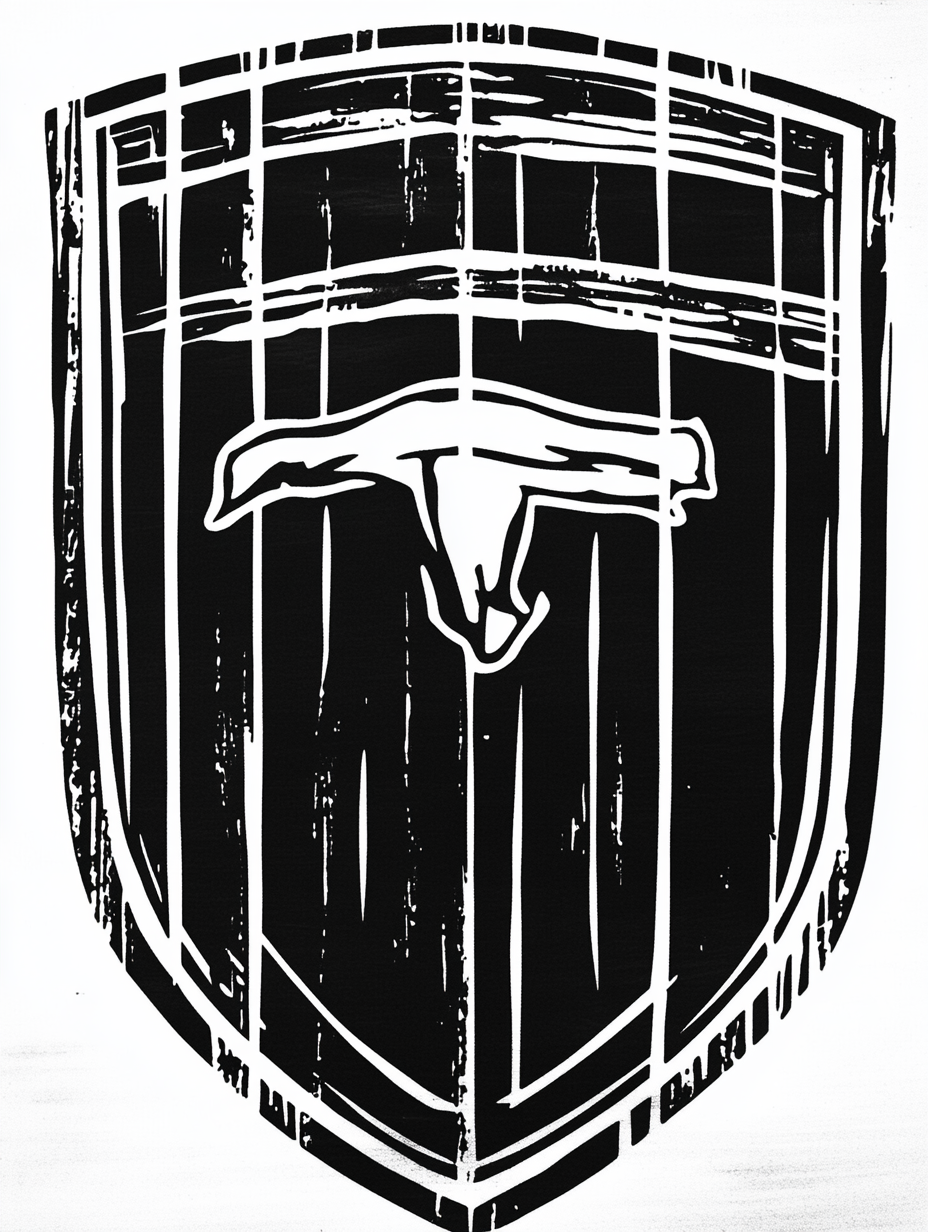 A black-and-white minimalist Porsche logo woodcut.