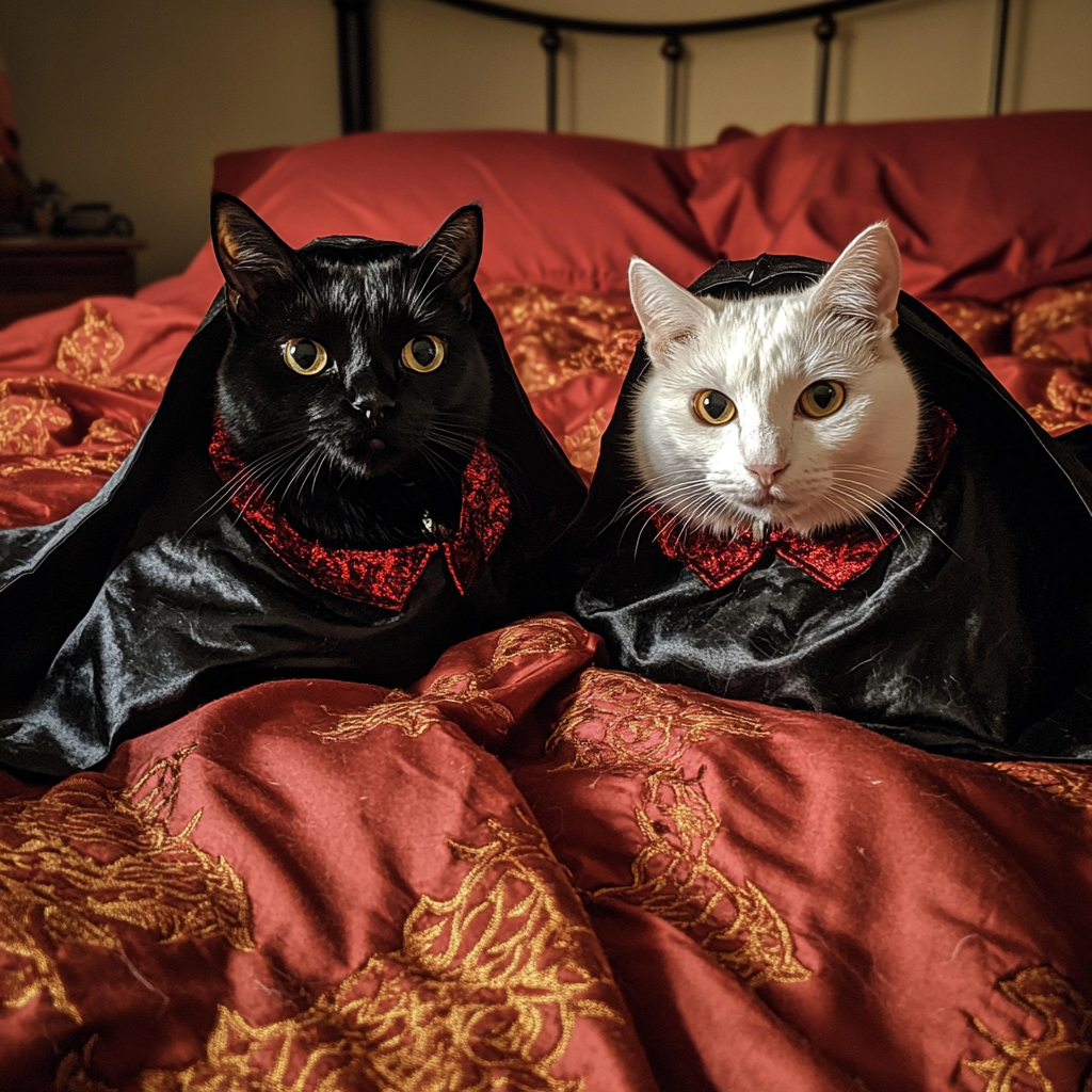 A black cat and a white cat in costume