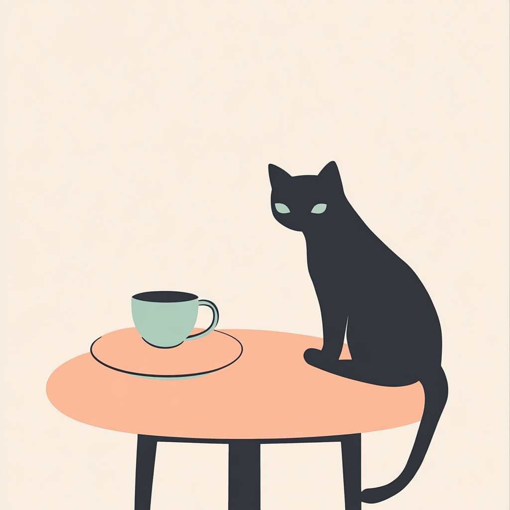 A black cat sitting at a table.