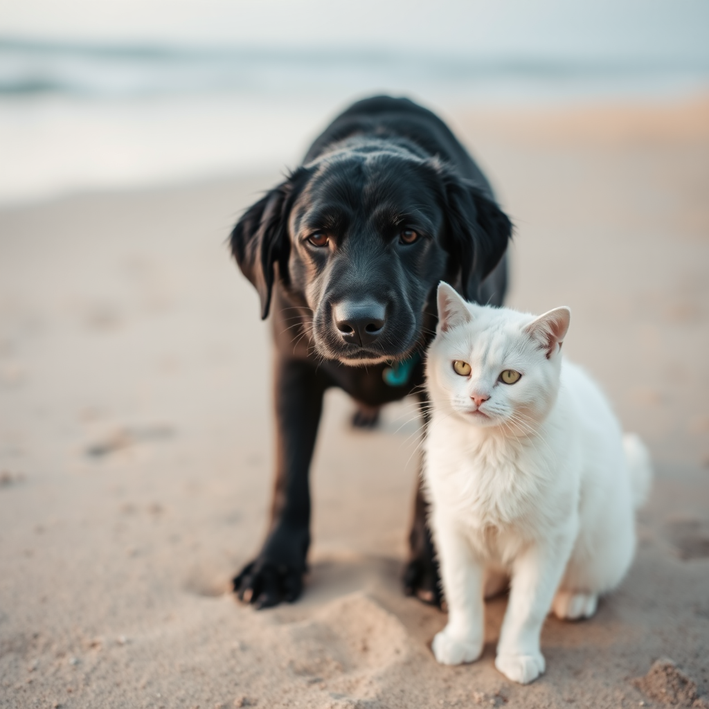 A black dog and white cat at beach.