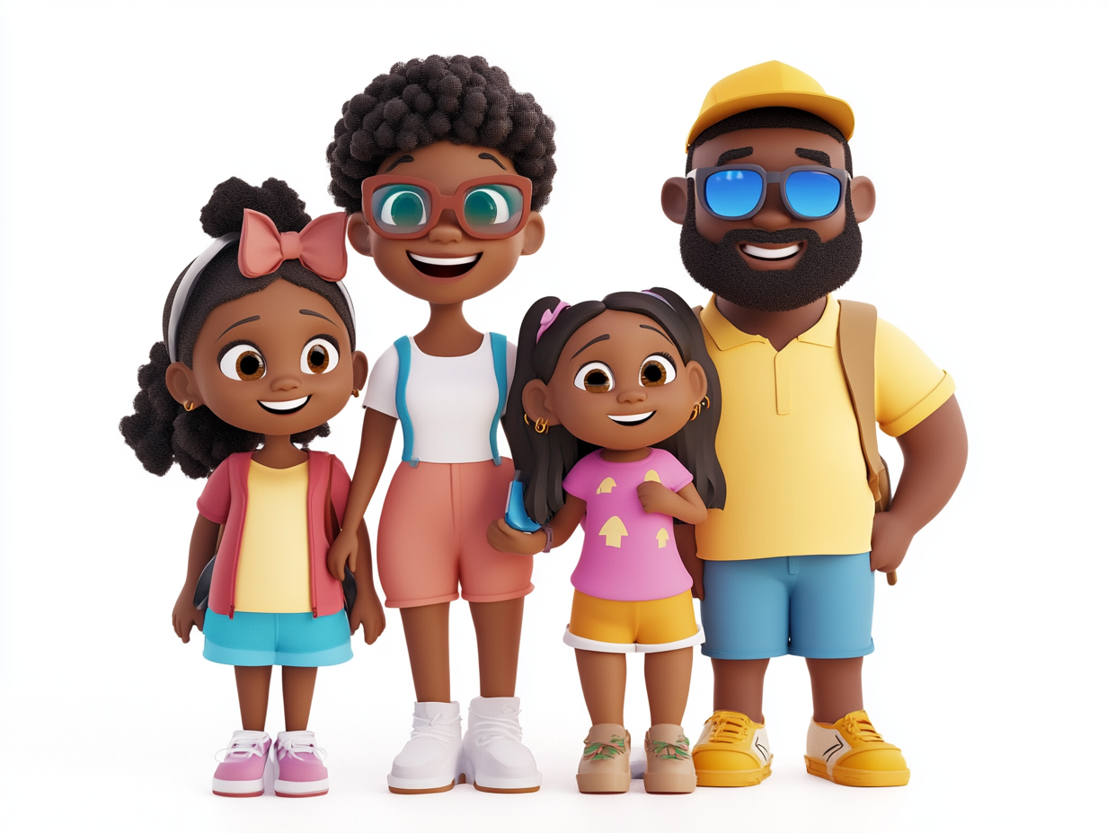 A black family of four excited for vacation