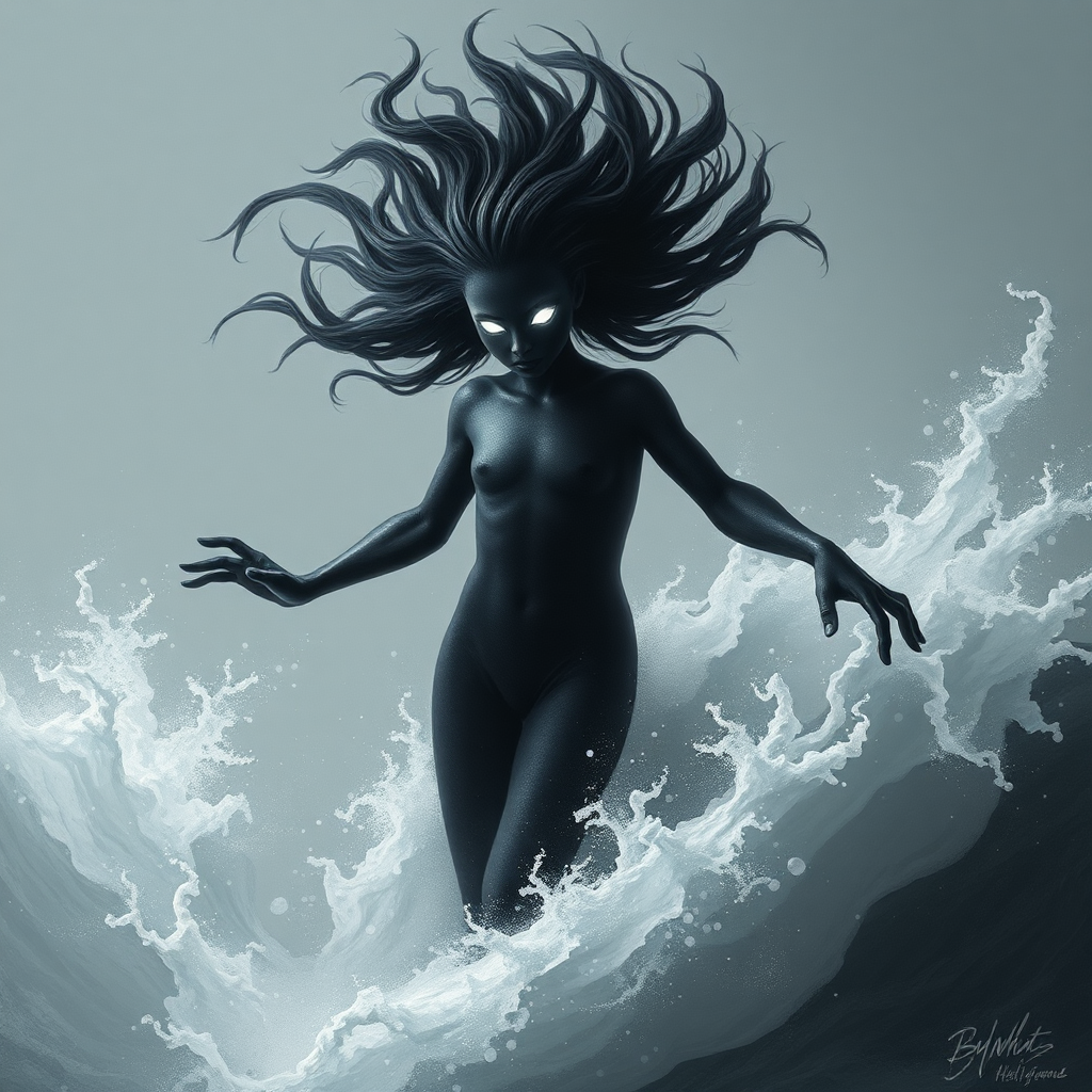 A black ghost with glowing eyes and flowing body.