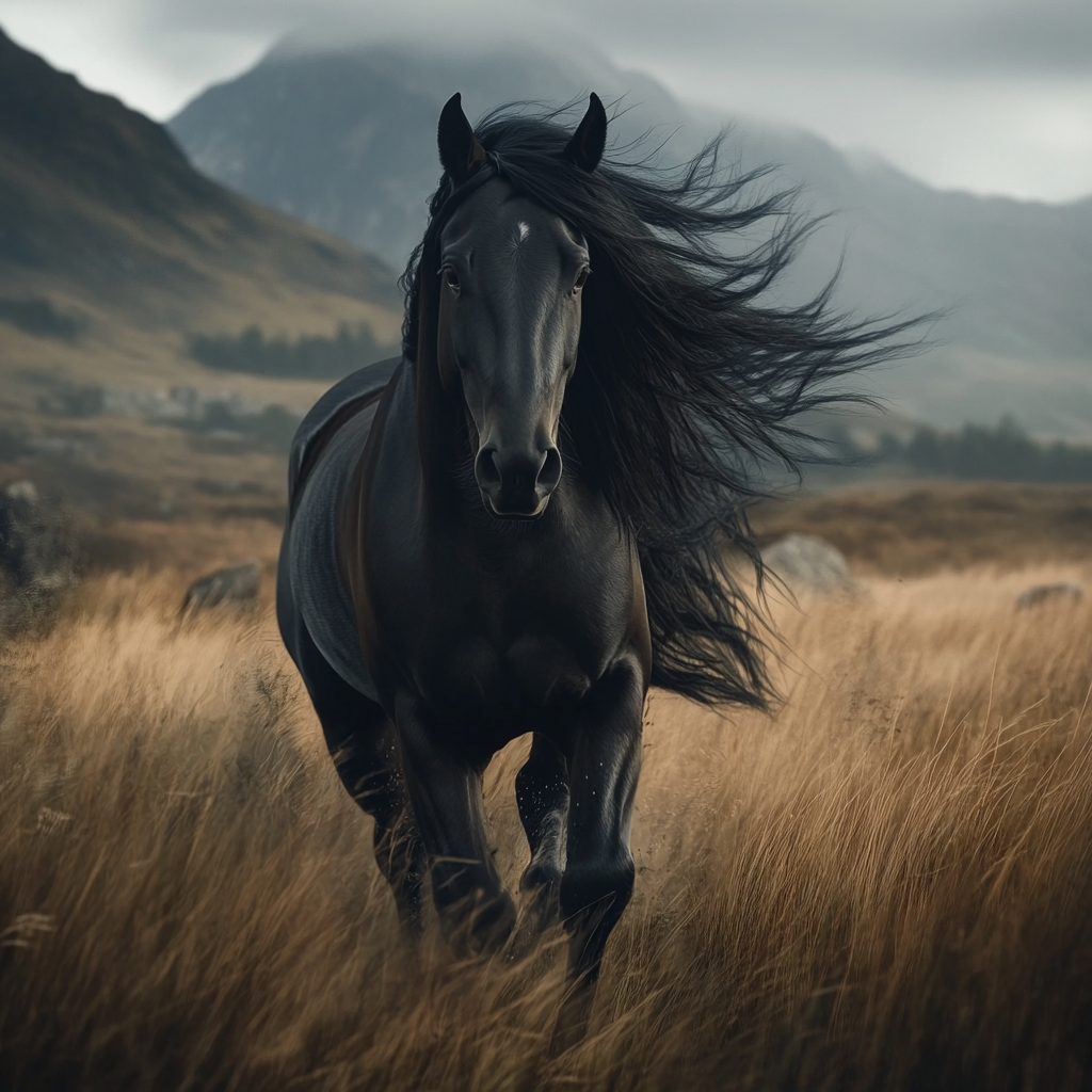 A black horse gallops out of magical shadows.