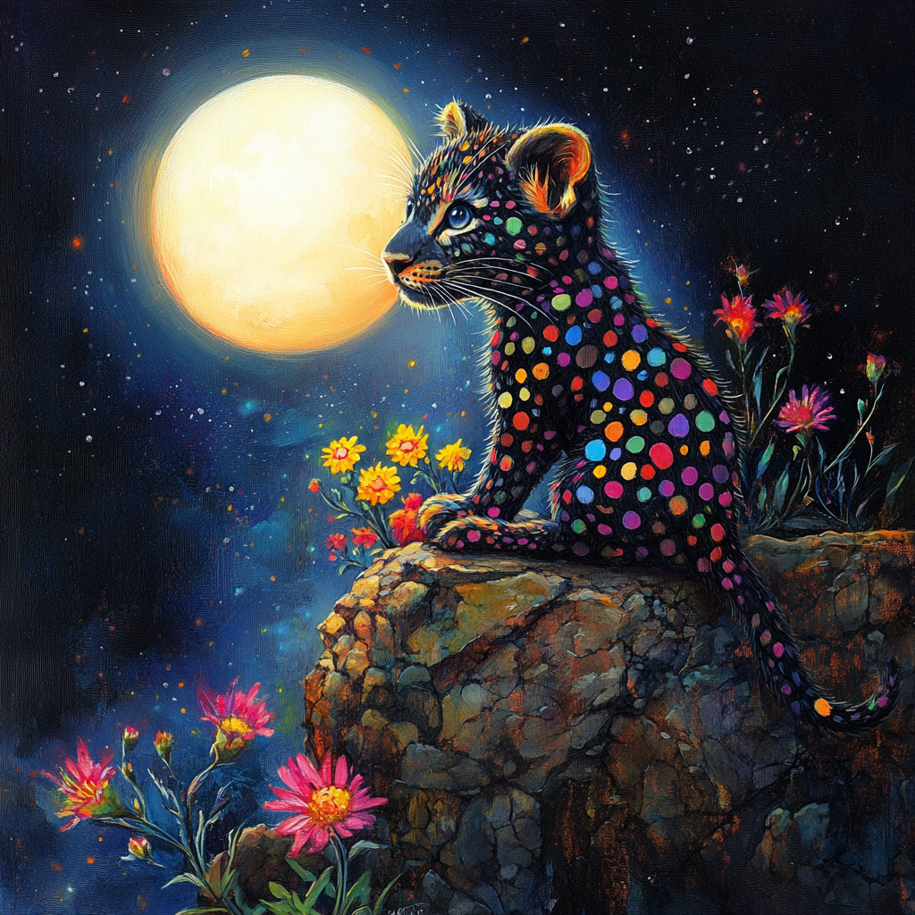 A black leopard cub with colorful spots at night