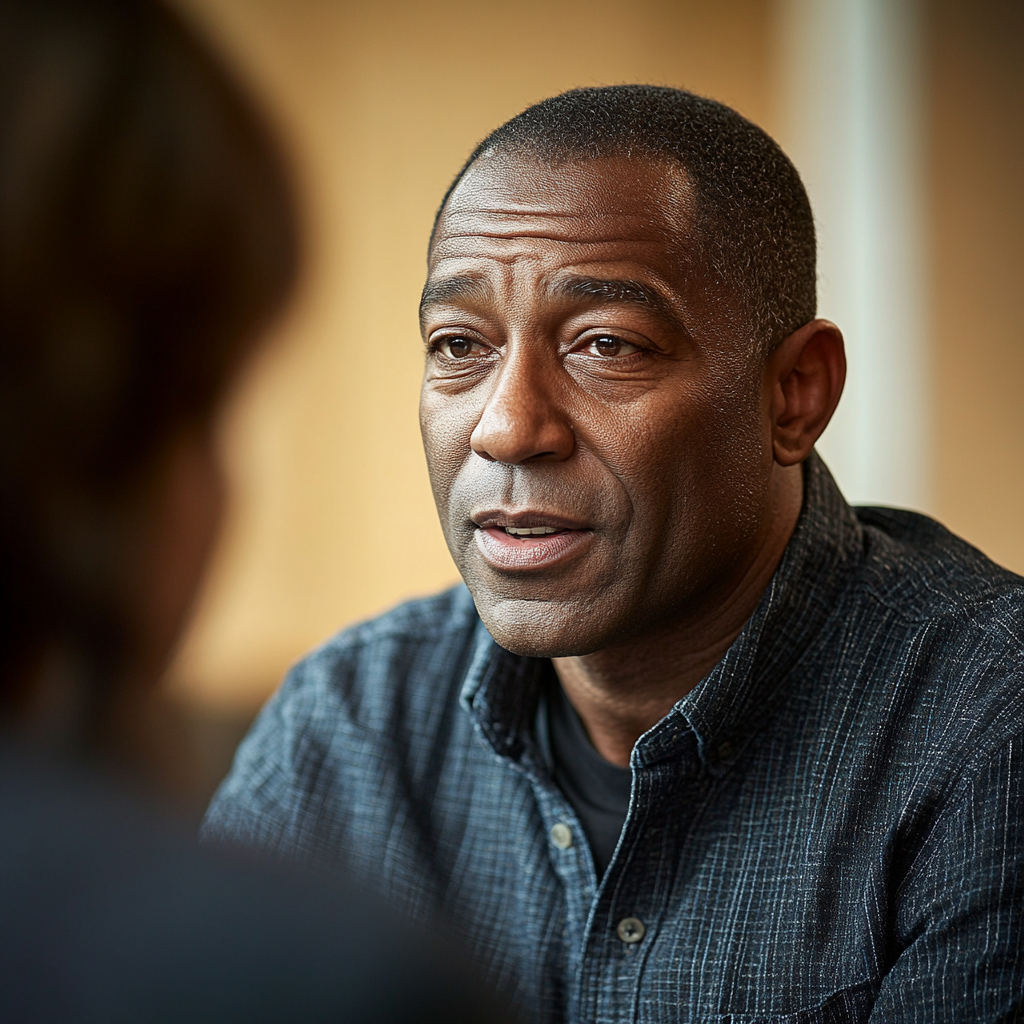 A black man talking seated in natural light.