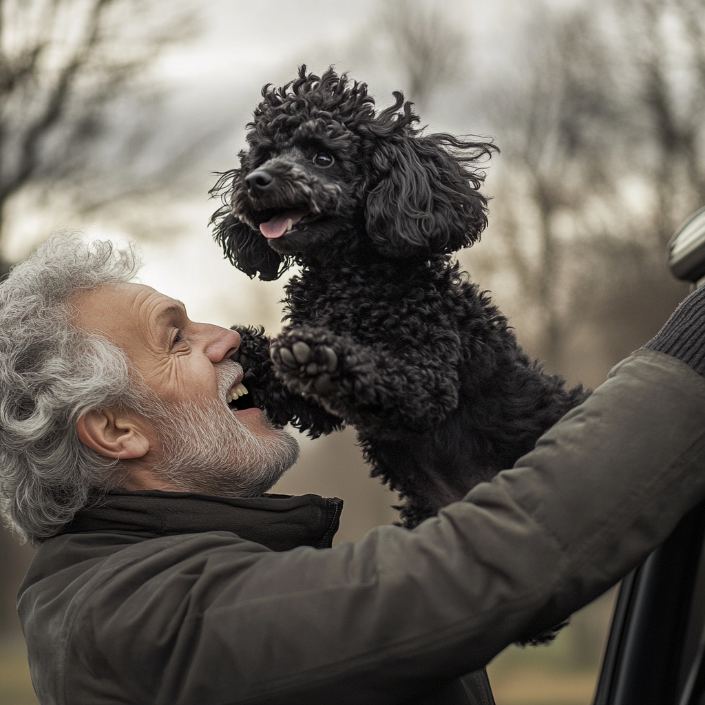 A black poodle jumps into elderly man's arms