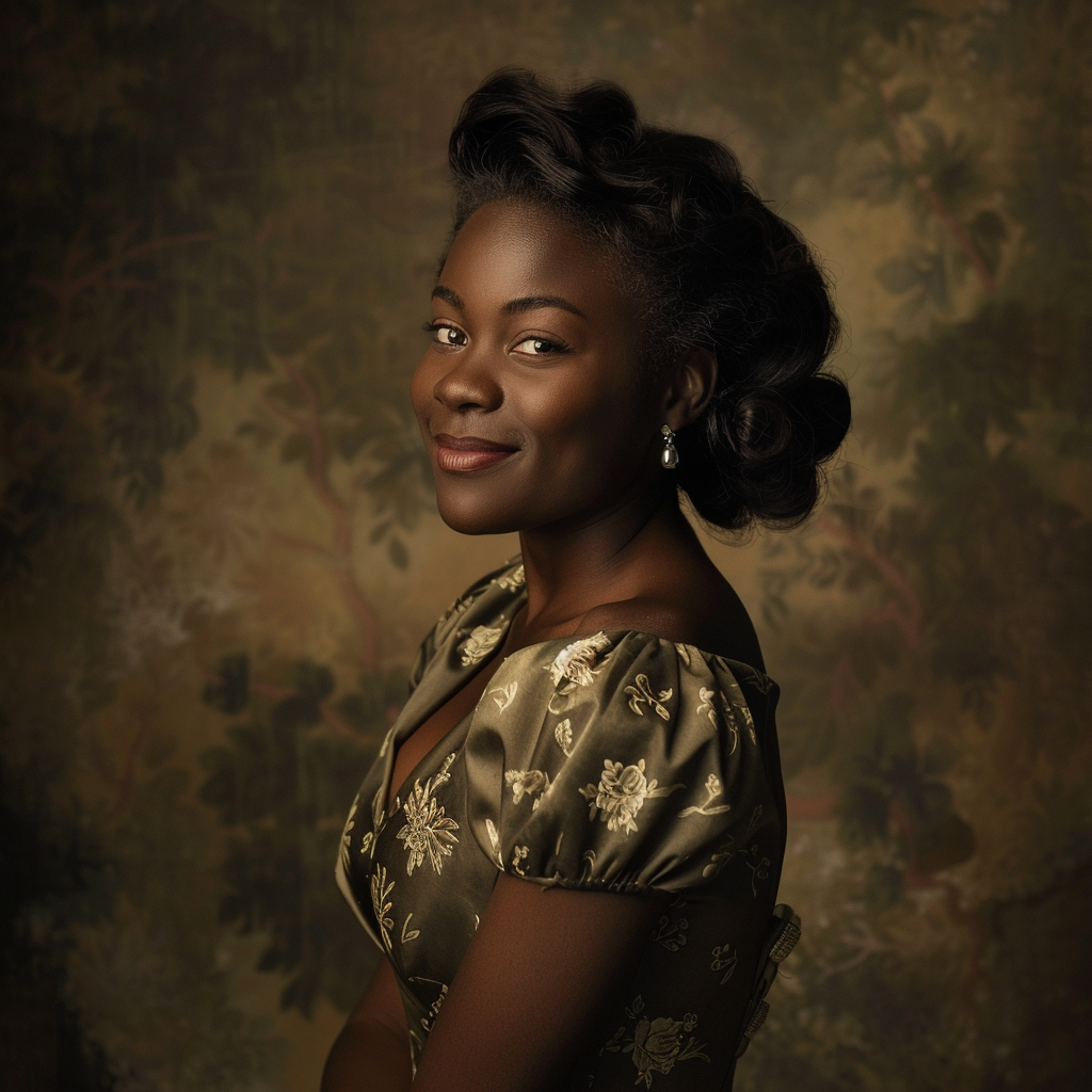 A black woman in 30s in vintage dress.