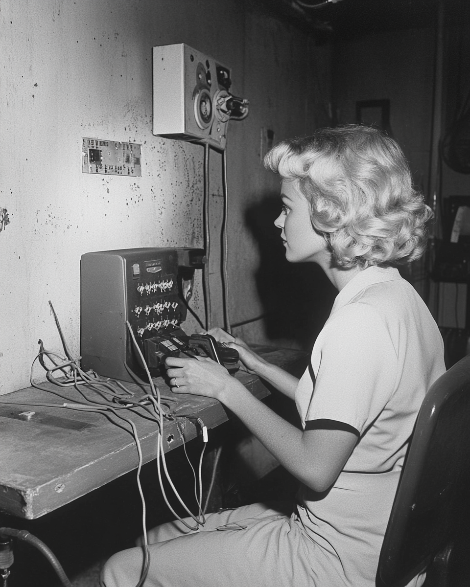 A blond nurse with a vintage phone in basement