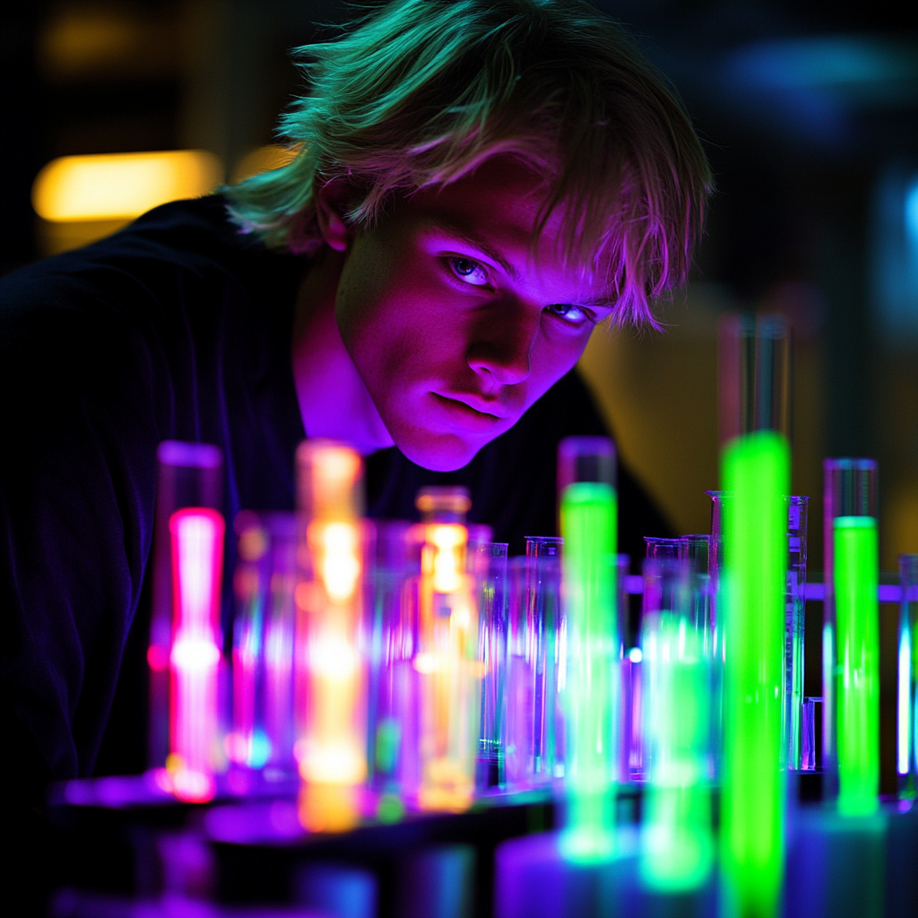 A blonde boy scientist in science lab