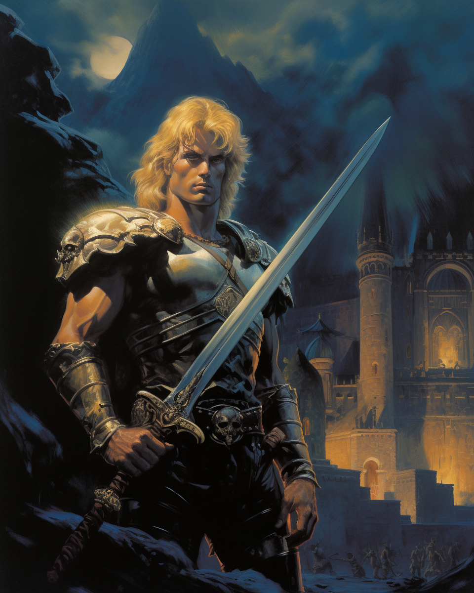 A blonde man with weapon outside castle at night