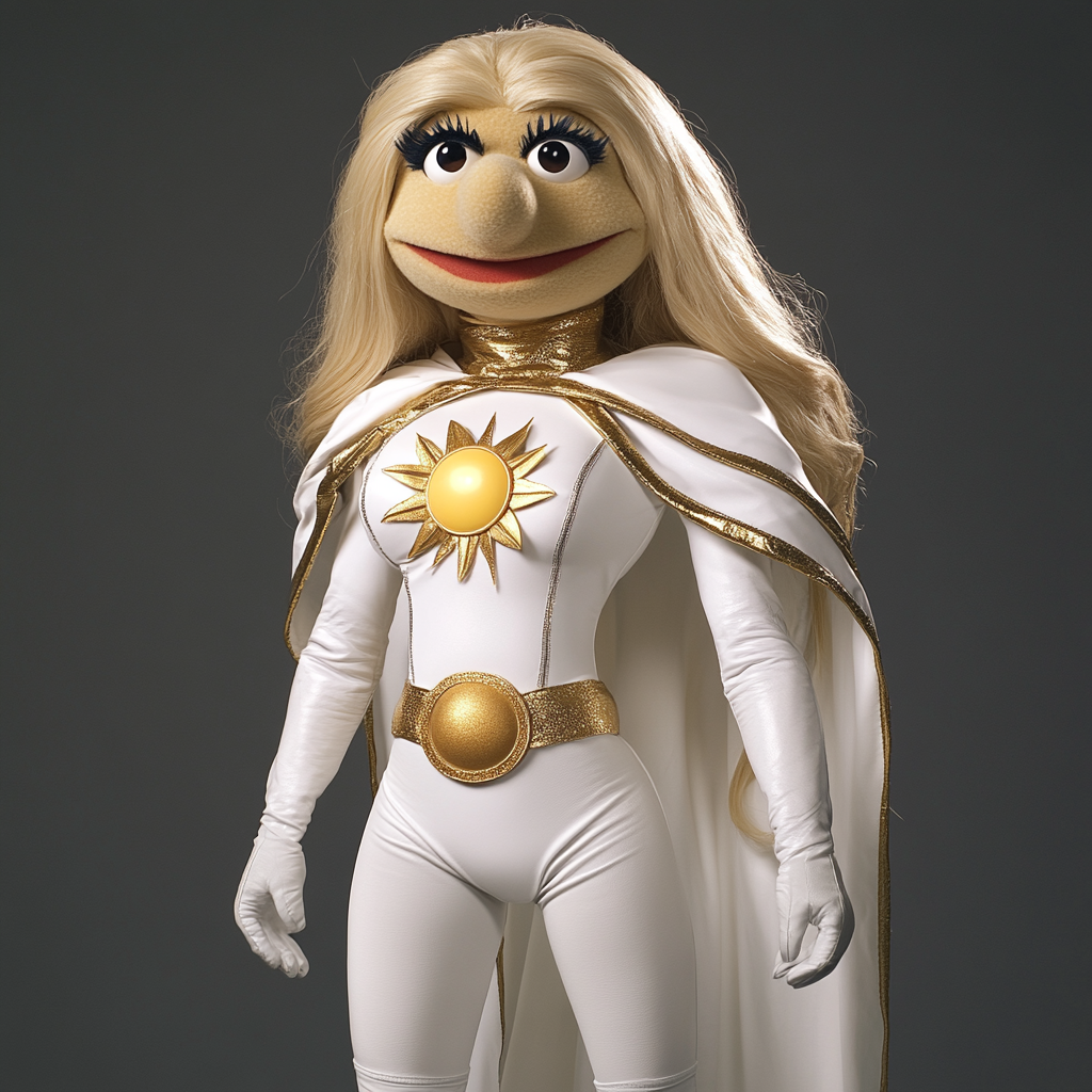 A blonde superheroine puppet with white and gold outfit.